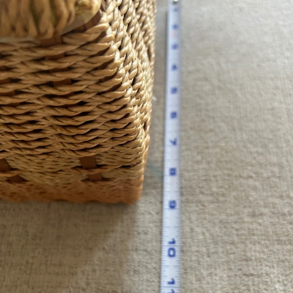 Vintage JCPenney Wicker Sewing Basket Woven Striped Yarn Lid Yellow Lining Japan